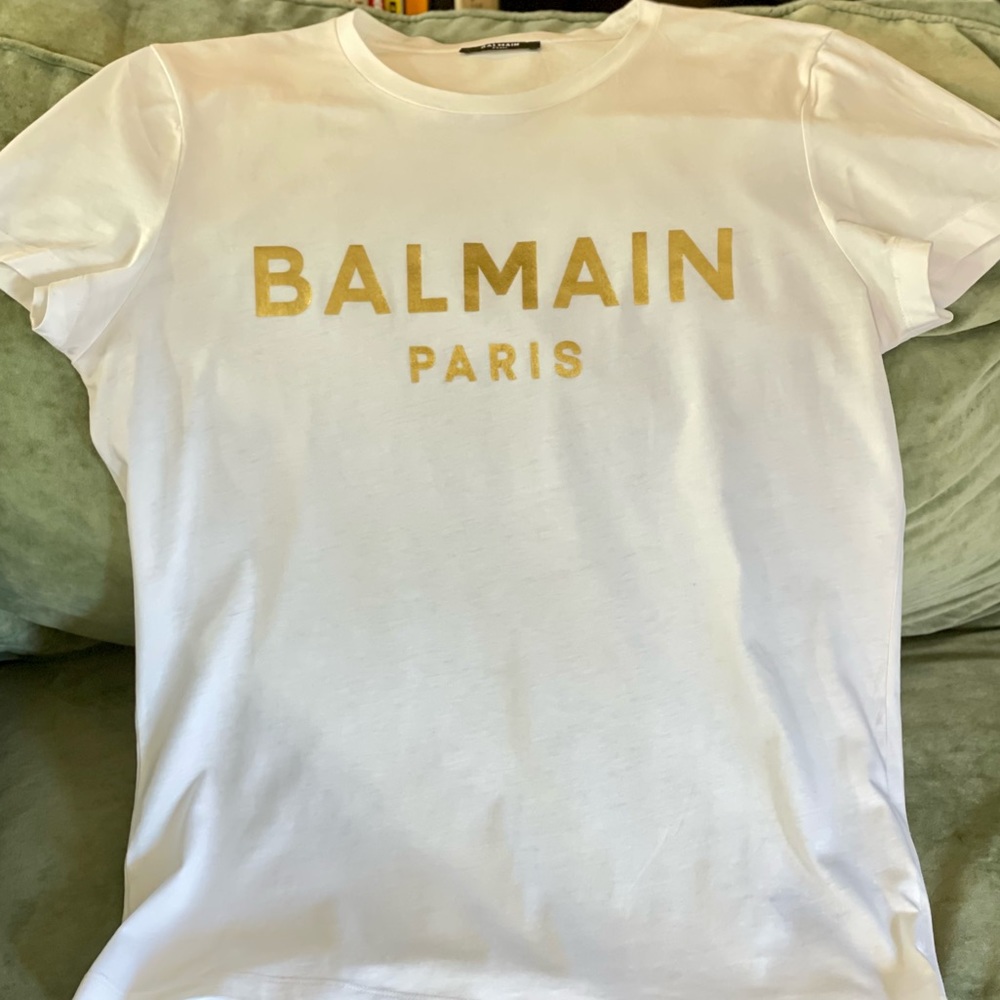 Brand new White BALMAIN tee with gold letter graphics. Size SMALL